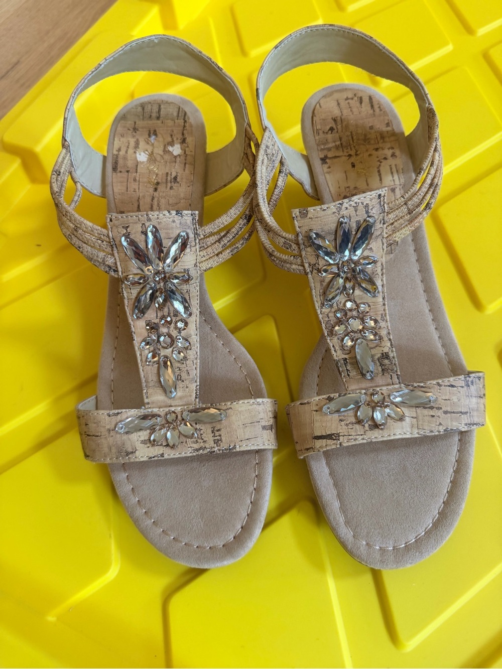 Ladies Size 9.5 "Jacqueline Smith" Beige Cork-Style Embellished Women's Sandals